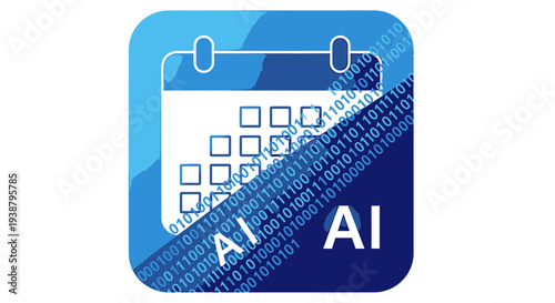 Artificial intelligence calendar app icon displaying binary code technology with ai lettering on blue gradient background representing digital schedule and data management