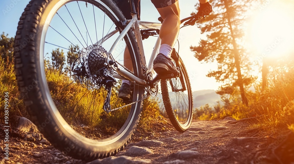 Naklejka premium Invigorating mountain biking adventure at sunset through scenic trails