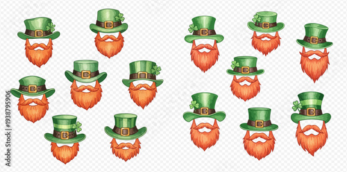 Set of leprechaun heads with green hats and ginger beards for St. Patrick's Day celebration.