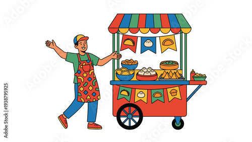 Street Food Vendor Serving Delicious Savory Treats from a Colorful Cart