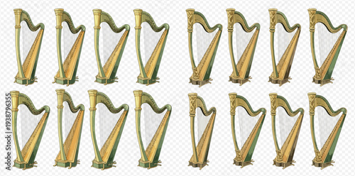 Collection of traditional golden harps in a grid pattern, musical instruments for classical and folk music.