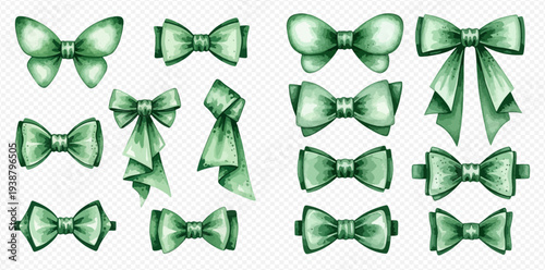 Set of green watercolor bows and ribbons for decoration and festive design elements.