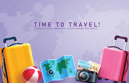 Travel Time clipart banner template design. Time to Travel text clip art in simple map background with traveler elements for worldwide tour destination and explore with different places vector 