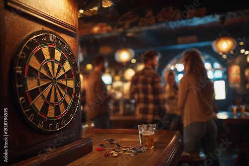 Friends have fun playing darts in a lively pub during an evening outing with drinks and laughter
