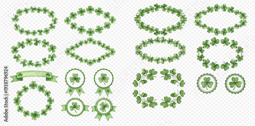 Set of green shamrock and clover frames, borders, and emblems for St. Patrick's Day celebration.
