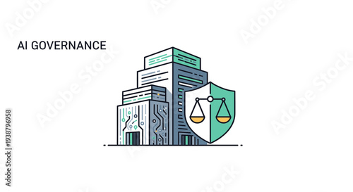 Ai governance concept illustration showing buildings with circuit patterns and scales of justice on shield representing regulation ethical legal frameworks