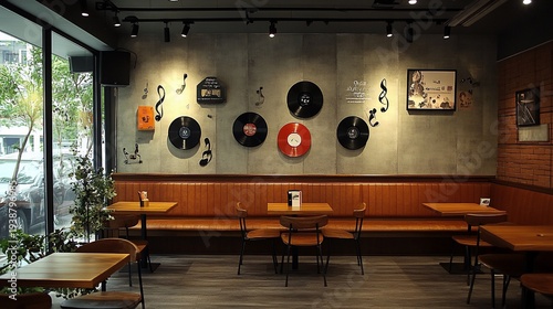 Retro music-themed interior design in a restaurant, with vinyl records and musical notes adorning the wall
