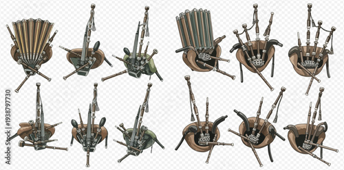 Collection of bagpipes from various angles, showcasing traditional Scottish musical instruments.