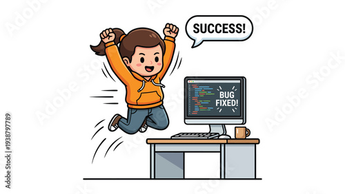 Excited Woman Celebrating Coding Success Bug Fixed Achievement Breakthrough