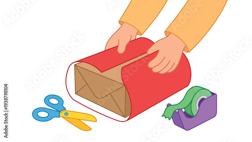 Hands Wrapping a Gift Box with Red Paper Scissors and Tape on a White Background