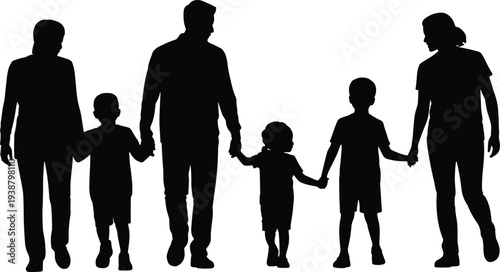 Big family silhouette vector illustration, parents walking with children holding hands, happy family bonding and togetherness concept, people silhouette collection design