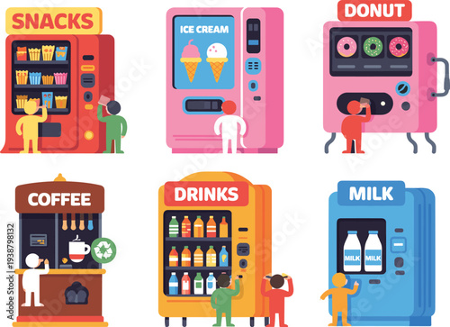Colorful vending machines collection with snacks, ice cream, donuts, coffee, drinks and milk, people buying food vector illustration set