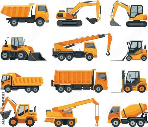 Construction vehicles and heavy machinery set including excavator dump truck crane forklift loader and cement mixer vector illustration collection