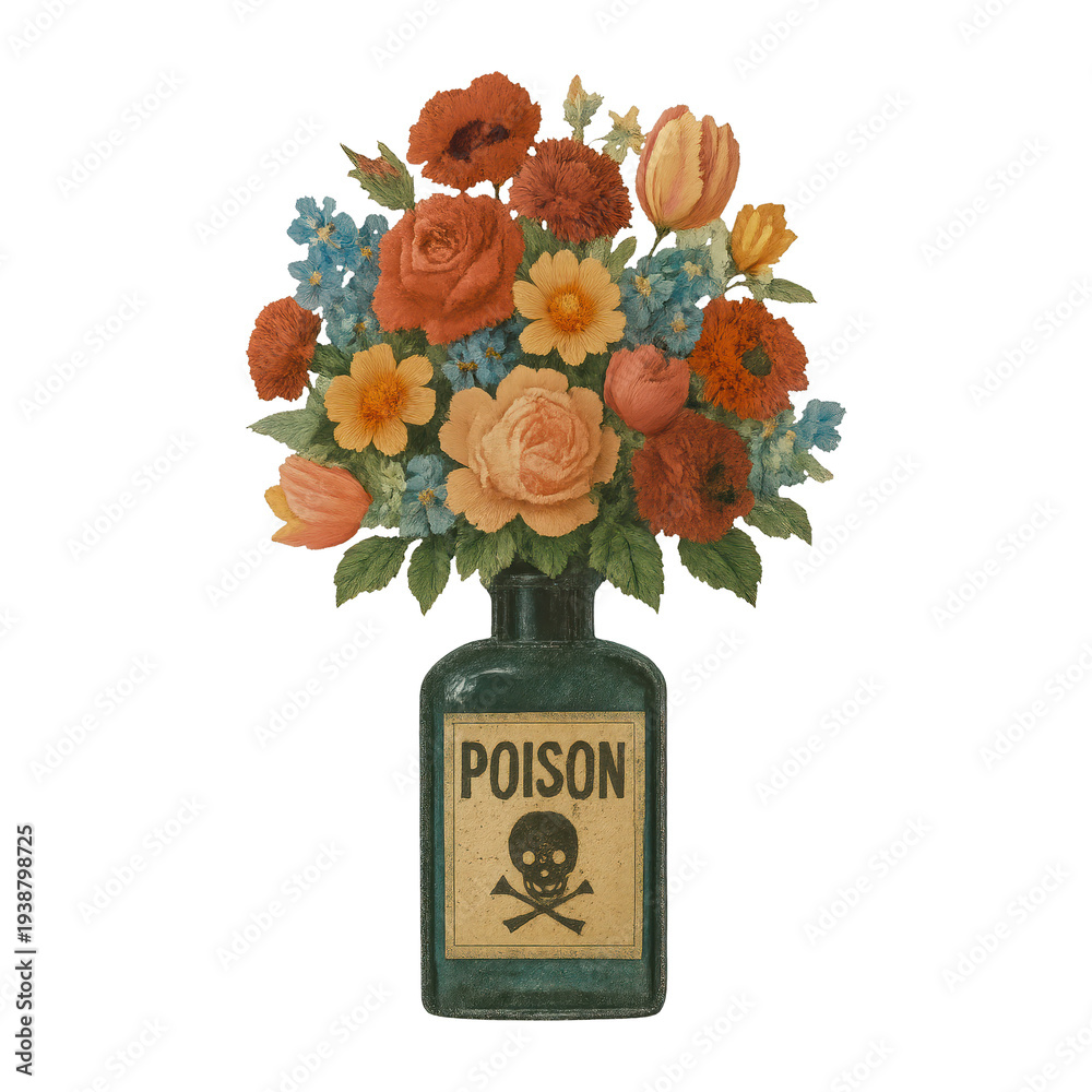Obraz premium PNG Vintage floral poison bottle illustration.