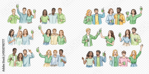 Diverse group of happy young people holding green products, celebrating and showing support for eco-friendly initiatives.