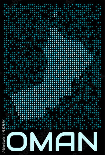 Oman digital dotted map. Shape of the country in cyan color palette on dark background. Futuristic Oman map design. Vector illustration.