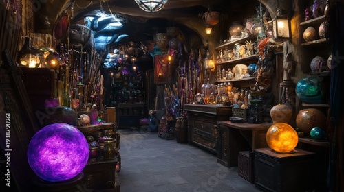 Enchanting Alchemist's Shop Interior with Mystical Objects and Magical Glow