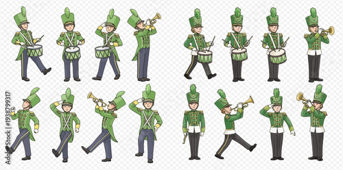 Set of illustrations of a marching band in green uniforms playing drums and trumpets.