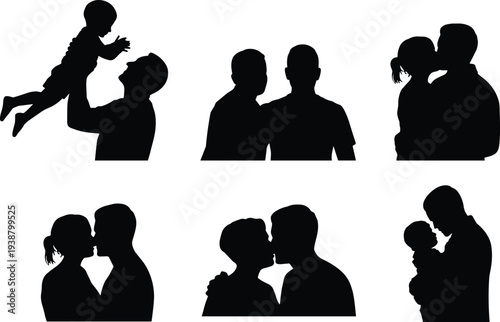Family love silhouette collection, father mother and children bonding moments, parent child affection concept, happy family relationship, parenting lifestyle vector illustration set