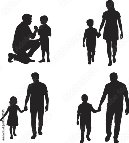 Family silhouettes collection, father and mother walking with children, parent holding child hand, parenting care love concept, happy family lifestyle vector illustration