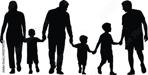 Family walking silhouette illustration, parents with children holding hands together, happy big family bonding and unity concept, people silhouette vector design