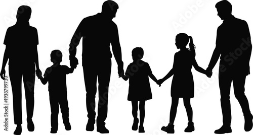 Family walking together silhouette illustration, parents and children holding hands, happy big family bonding and unity concept, people silhouette vector design