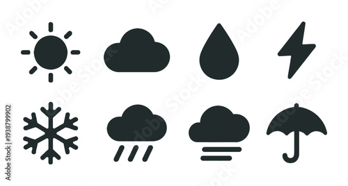 Weather forecast meteorology icons with sun clouds rain and lightning
