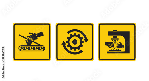 Industrial safety warning vector graphic set illustrating crushing hazards from conveyor belts machinery and moving parts