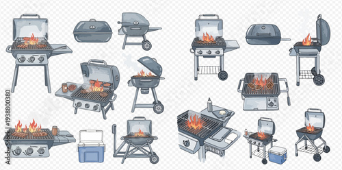 Set of various barbecue grills and accessories with flames, perfect for outdoor cooking and summer parties.