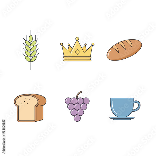 A flat design illustration featuring a wheat stalk, crown, bread, grapes, and a cup of coffee on a white background.