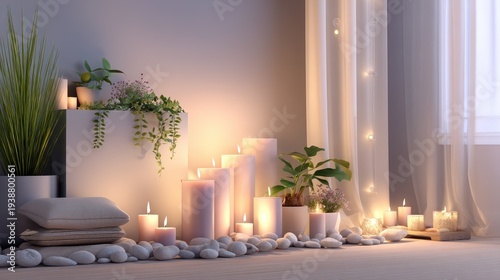 Serene Indoor Oasis with Soft Candlelight, Cozy Textures, and Natural Decor for Relaxation and Meditation