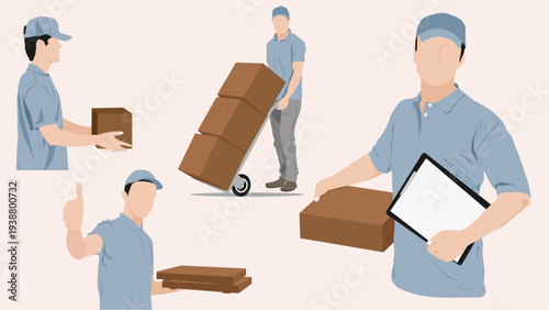 A man in a blue shirt is moving boxes