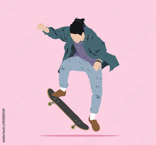A man riding a skateboard on a pink background