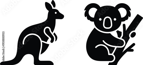 Australian wildlife icons kangaroo and koala in black silhouette