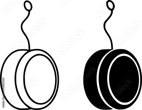Yoyo illustration icon, black and white in outline and silhouette design style
