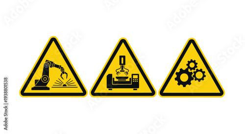 Set of three yellow and black vector warning signs indicating industrial robotics machinery and mechanical hazards