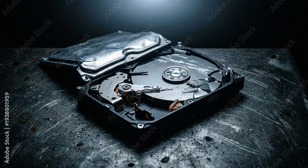 Fotografie Destroyed Computer Hard Drive Platter on Grungy Metal Surface