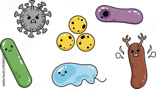 Adorable Cartoon Microbe and Virus Character Set Featuring Smiling Bacteria Amorphous Amoeba Angry Coronavirus and Germs for Medical Education.
