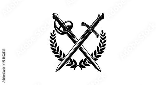A black and white illustration of two crossed swords with laurel leaves