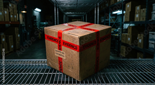 Foto Cardboard Box Sealed with Red Evidence Tape in Dark Warehouse