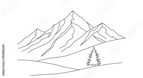 A serene mountain landscape with a single tree in the foreground, drawn in a simple yet elegant line style.