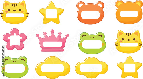 Adorable Set of Colorful Name Label Stickers for Kids Featuring Cute Cartoon Animals Like Cats Frogs and Bears Plus Stars Flowers and Crowns.