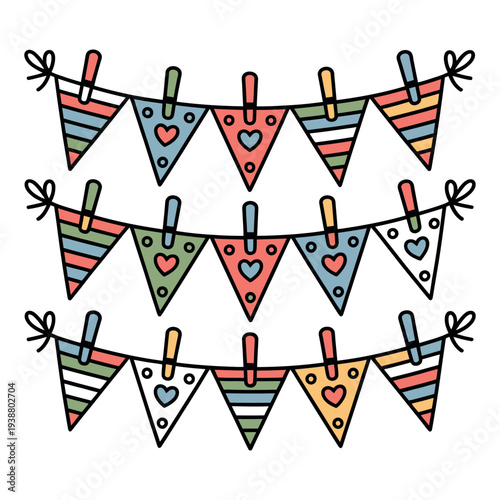 A colorful illustration of triangular flags hanging on a clothesline with clothespins