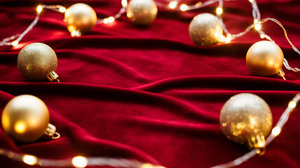 Golden Christmas ornaments and fairy lights on a red velvet background