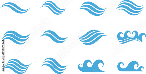 Detailed Set of Blue Ocean Wave Icons and Curved Water Splashes in Various Graphic Styles for Sea Nature and Marine Environment Design.