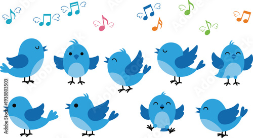 Set of Adorable Blue Bird Characters Singing with Musical Notes Featuring Various Poses Like Flying and Chirping for Kids Nursery Decoration.