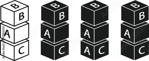 Set of Black and White ABC Alphabet Blocks Featuring Stacking Cubes with Letters A B and C for Educational Early Childhood Development Design.