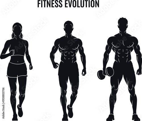 Fitness evolution silhouettes jogging to muscular dumbbell training, bodybuilding and wellness theme, flat vector illustration for health concepts