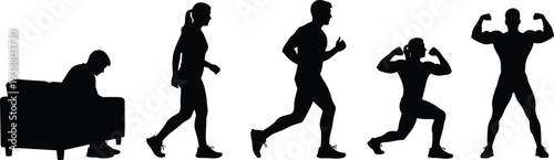 Fitness transformation silhouette progression from inactivity to strength, exercise and wellness theme, flat vector illustration for health concepts