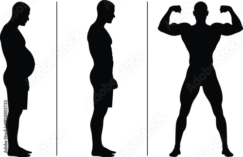 Fitness transformation silhouette progression from overweight to muscular flex, health and wellness theme, flat vector illustration for exercise concepts